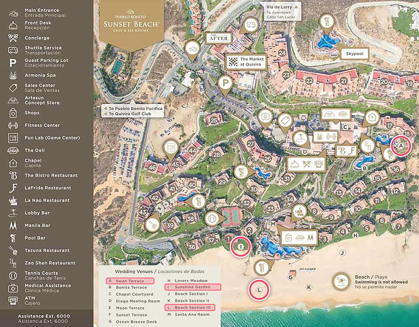 Pueblo Bonito Sunset Beach resort map with a legend of restaurants, pools, services and wedding venues. Beach Section III (L), Sunshine Garden (I) and Swan Terrace (A) are circled in red.